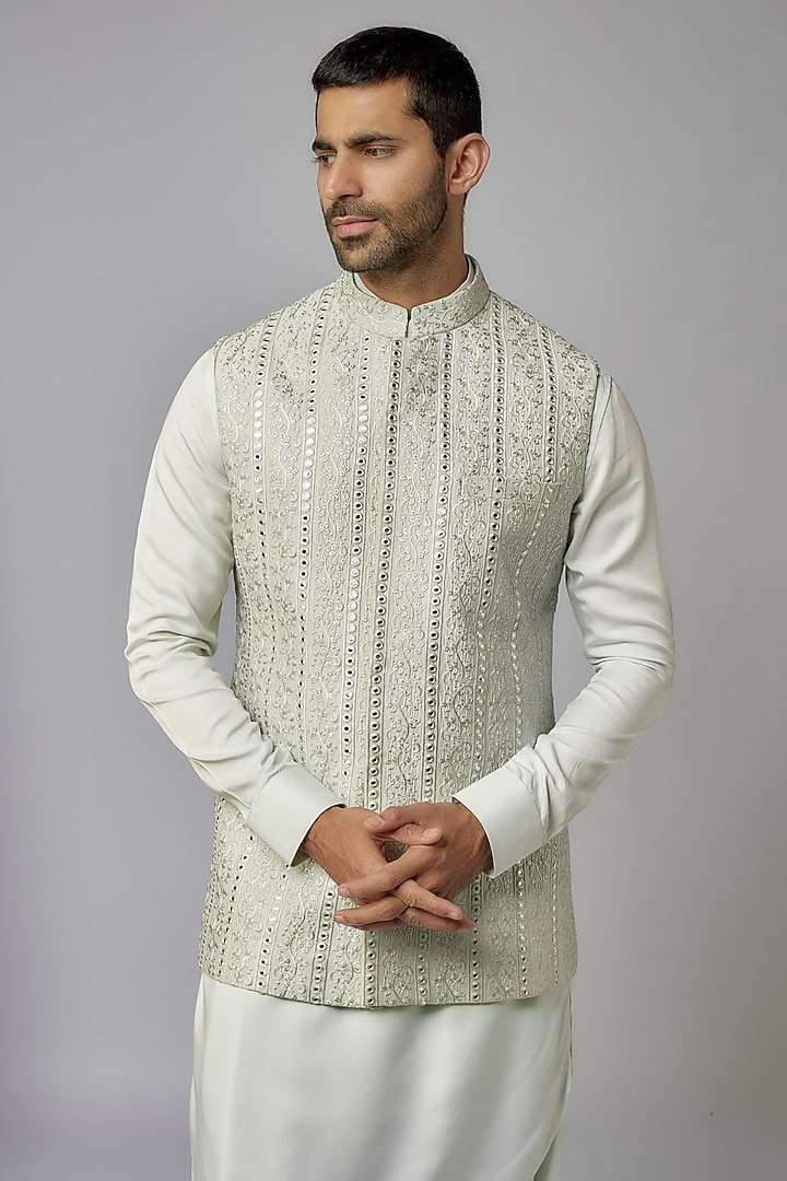 Green Silk Thread Work Bundi Jacket Set by Nero by Shaifali & Satya at Pernia's Pop Up Shop