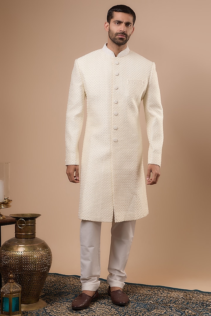 White Silk Thread Embroidered Sherwani Set by Nero by Shaifali & Satya