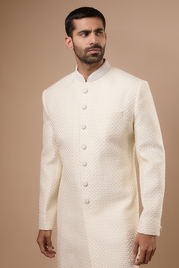 White Silk Thread Embroidered Wedding Sherwani Set by Nero by Shaifali & Satya at Pernia's Pop Up Shop