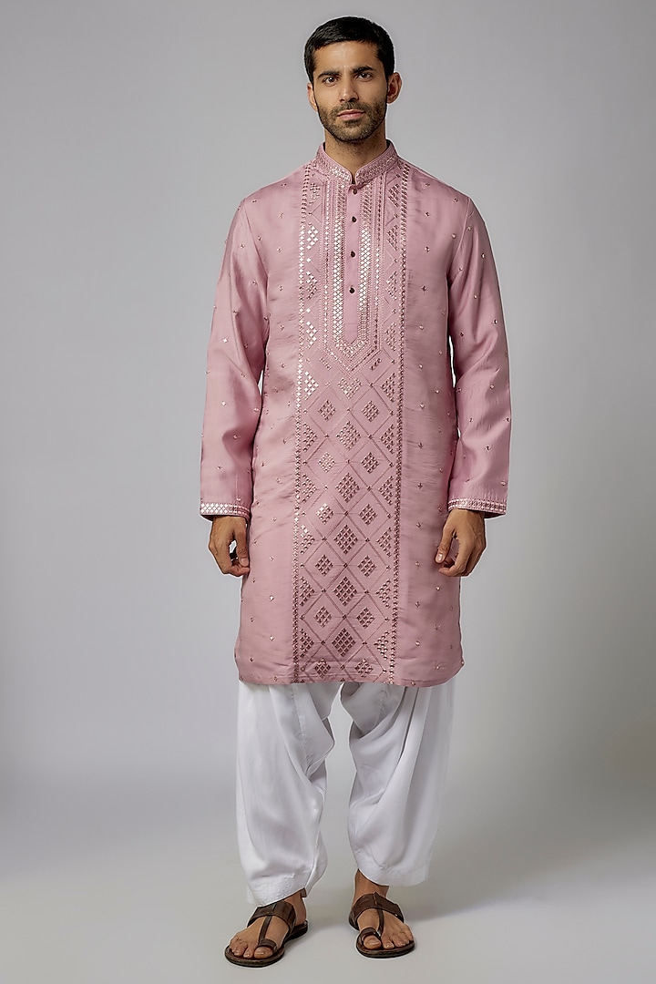 Pink Silk Sequins Work Kurta Set by Nero by Shaifali & Satya