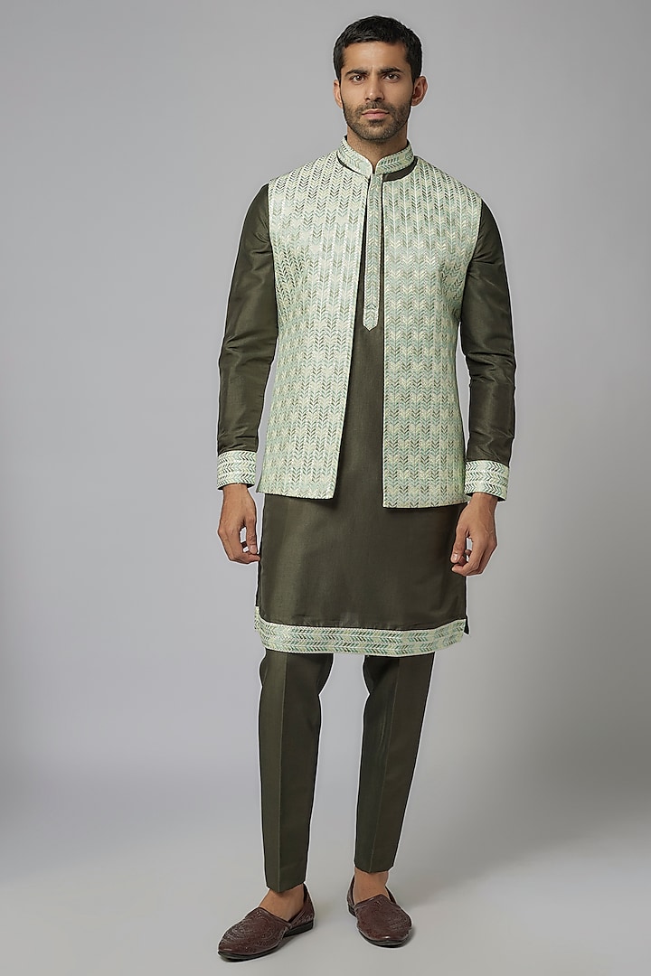 Green Silk Thread Work Bundi Jacket Set by Nero by Shaifali & Satya