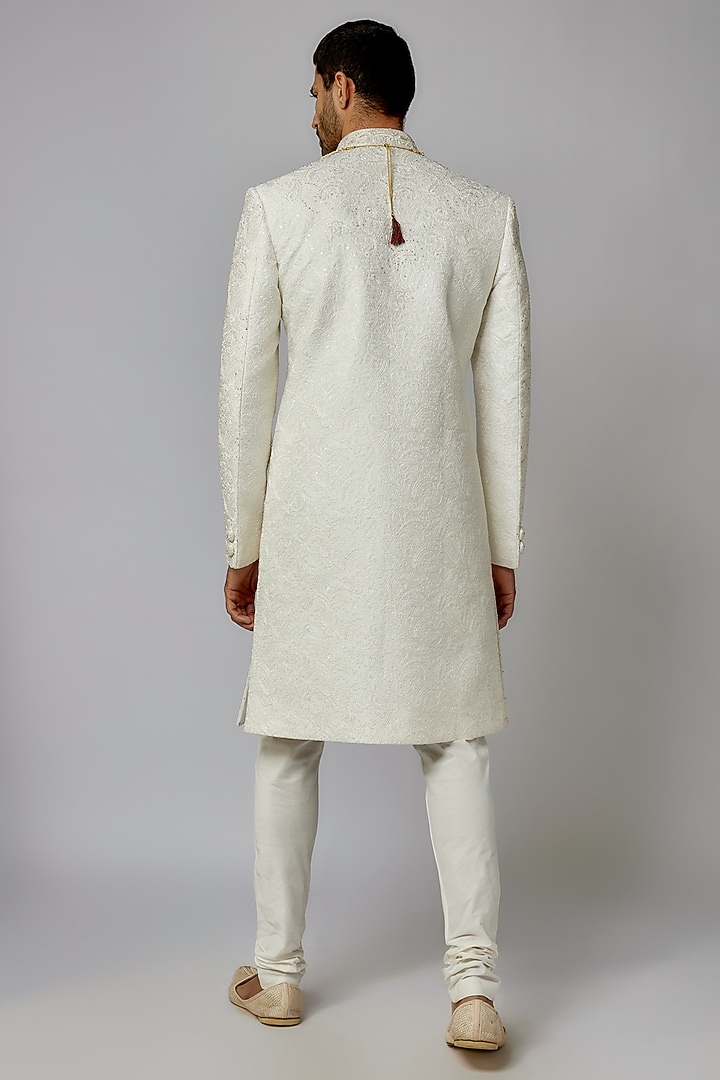 White Silk Zari Embroidered Wedding Sherwani Set by Nero by Shaifali & Satya at Pernia's Pop Up Shop