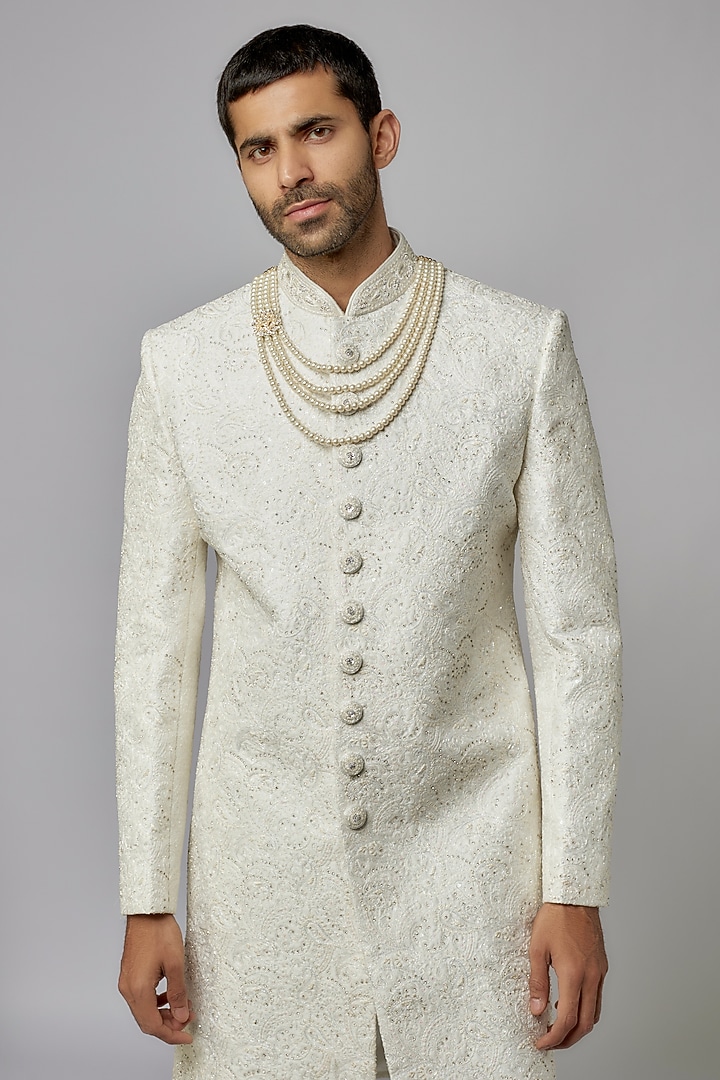 White Silk Zari Embroidered Wedding Sherwani Set by Nero by Shaifali & Satya at Pernia's Pop Up Shop