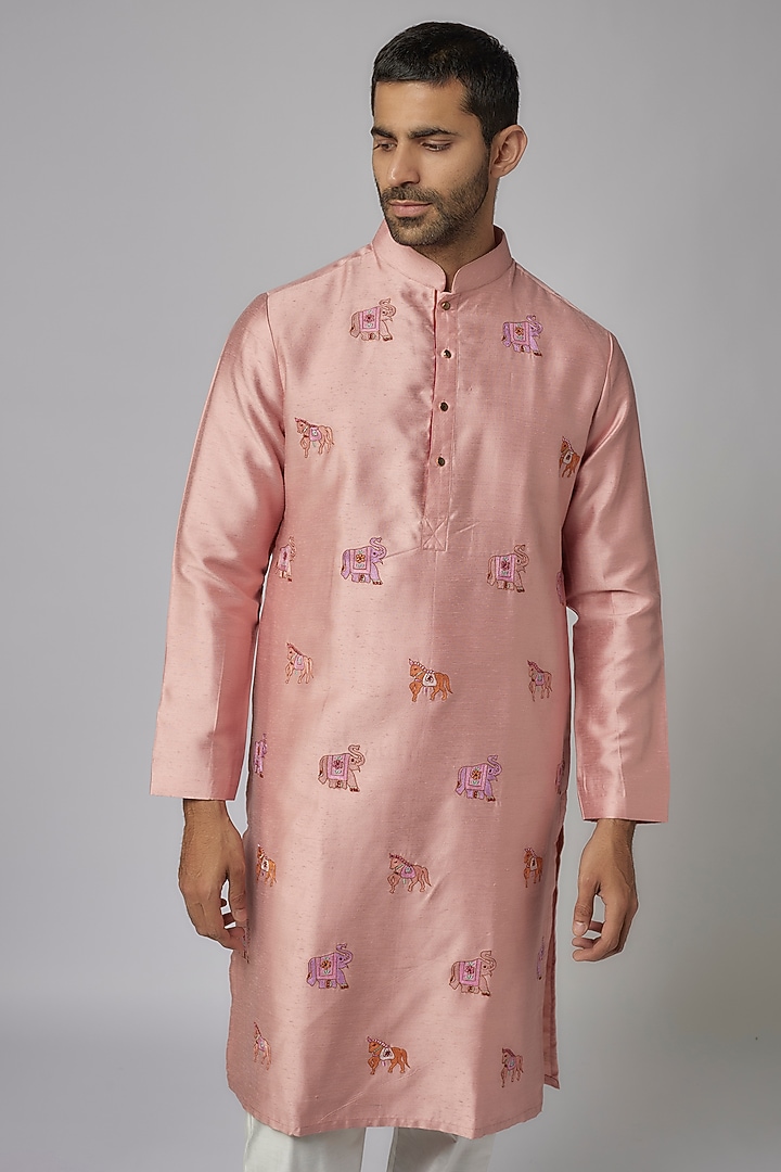 Peach Cotton Silk Thread Work Kurta Set by Nero by Shaifali & Satya at Pernia's Pop Up Shop