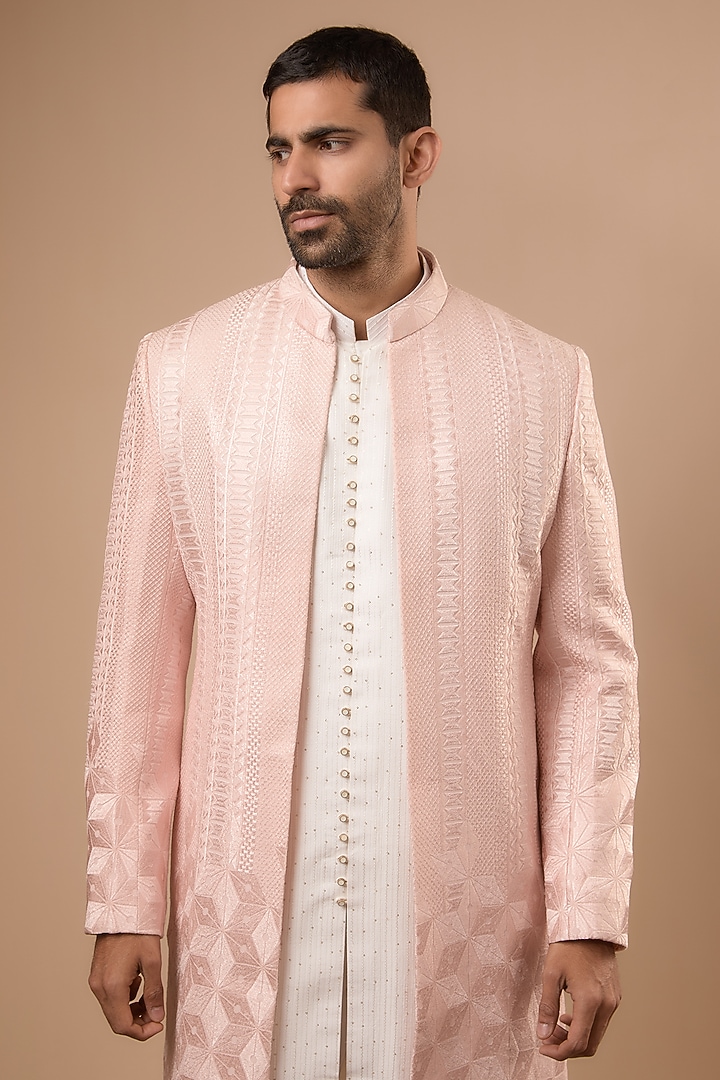 Peach Lucknowi Wedding Indowestern Set by Nero by Shaifali & Satya at Pernia's Pop Up Shop