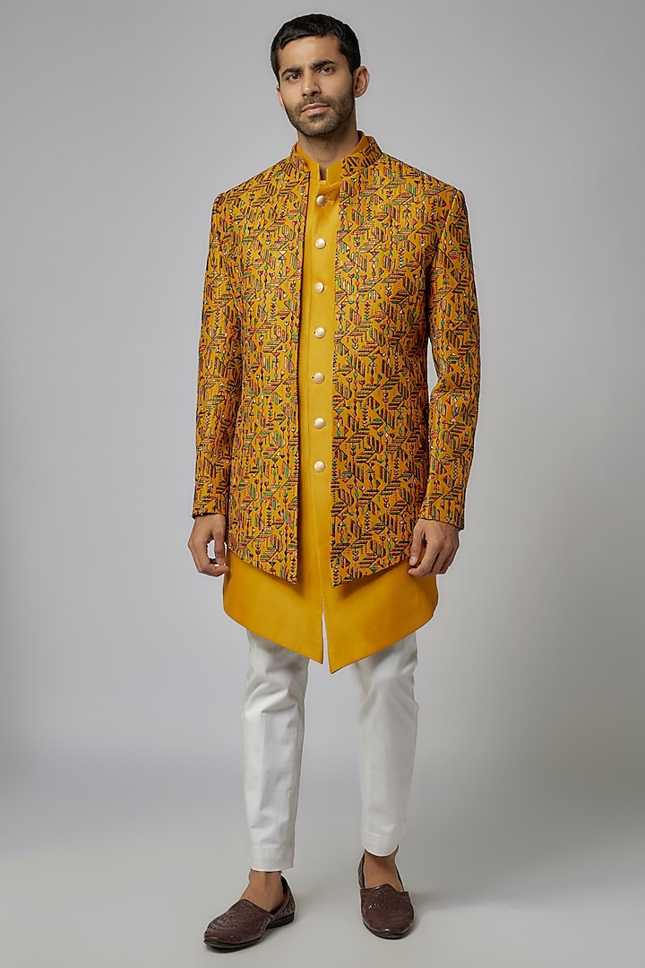 Yellow Silk Thread Embroidered Indowestern Set by Nero by Shaifali & Satya