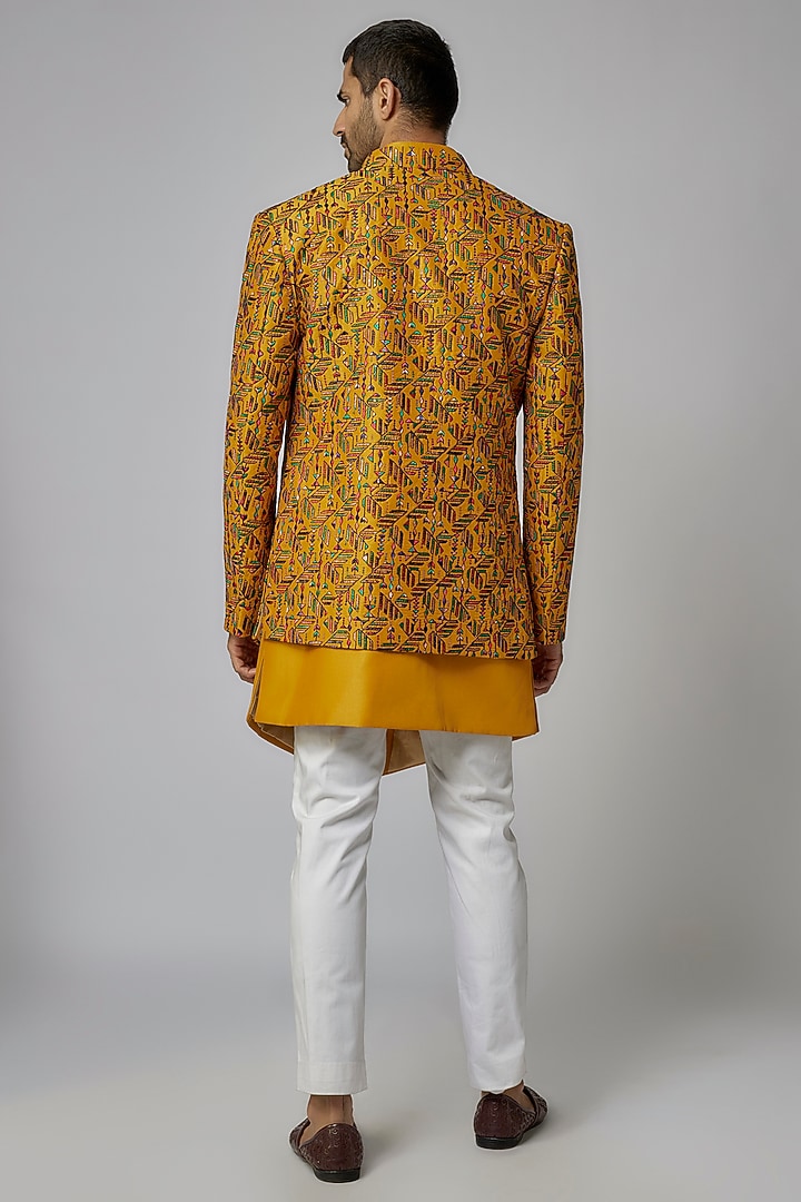 Yellow Silk Thread Embroidered Wedding Indowestern Set by Nero by Shaifali & Satya at Pernia's Pop Up Shop