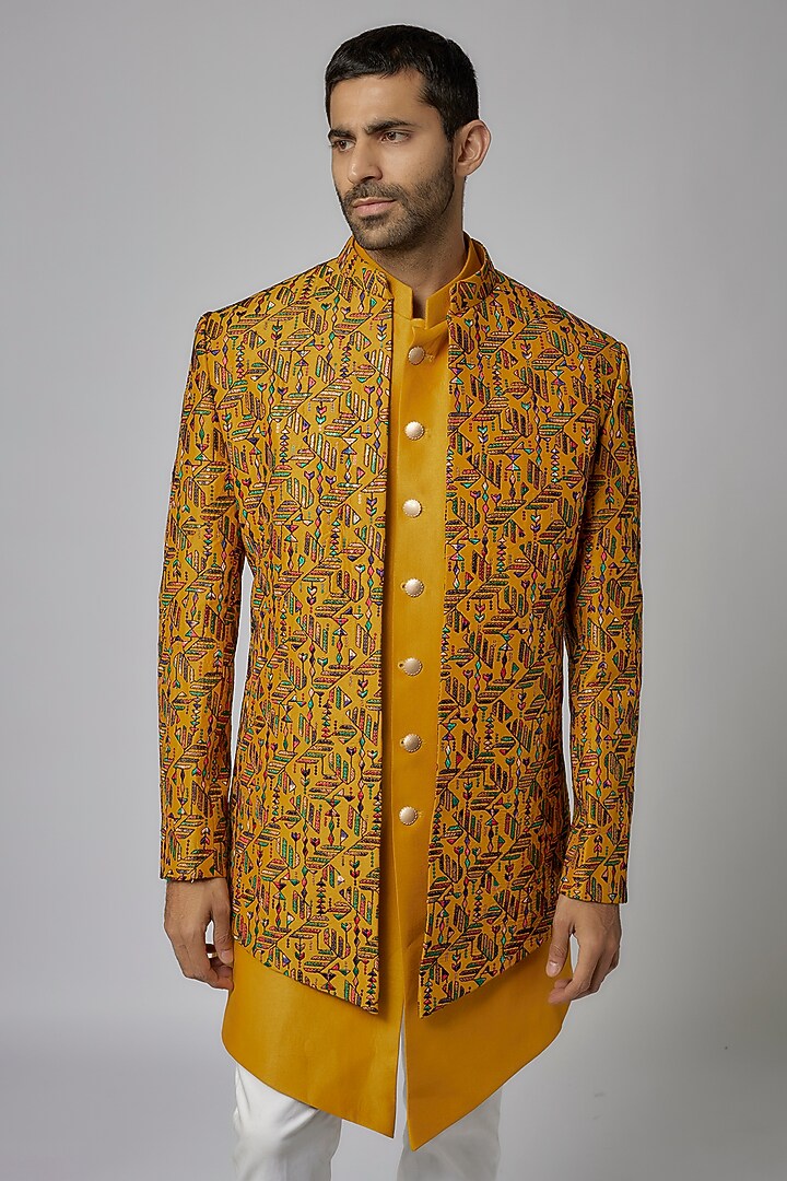 Yellow Silk Thread Embroidered Wedding Indowestern Set by Nero by Shaifali & Satya at Pernia's Pop Up Shop