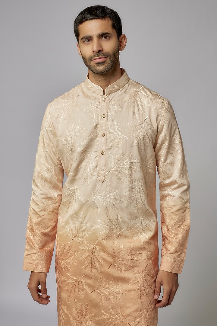 Peach Cotton Silk Thread Work Kurta Set by Nero by Shaifali & Satya at Pernia's Pop Up Shop