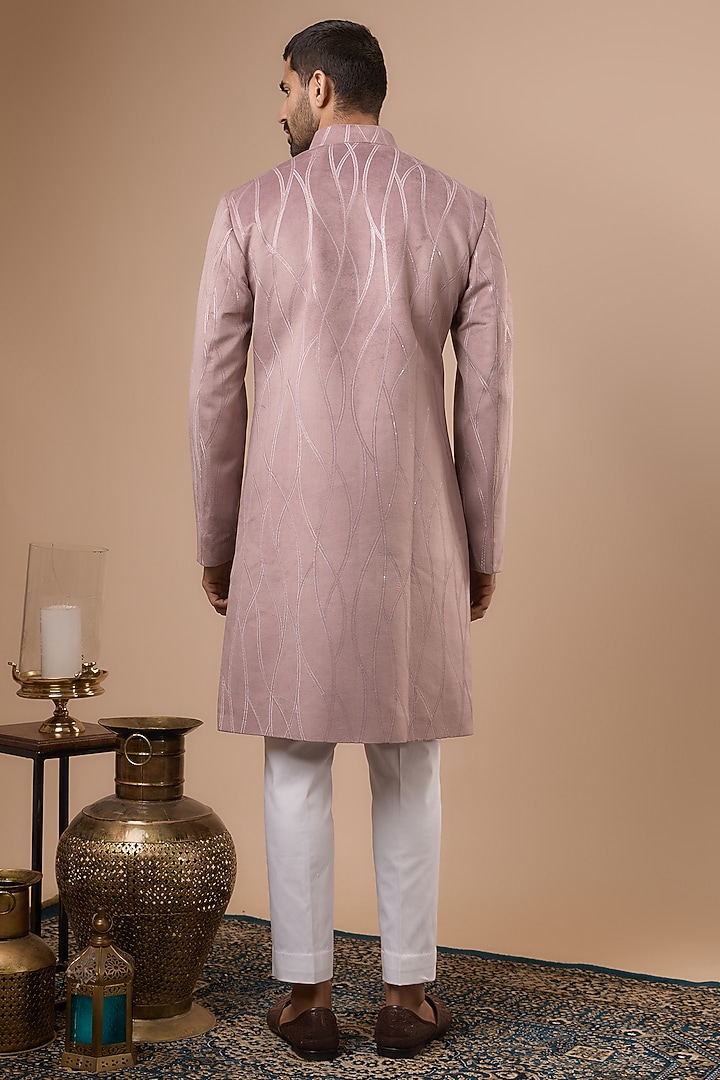 Pink Suede Thread Embroidered Nawabi Wedding Bandhgala Set by Nero by Shaifali & Satya at Pernia's Pop Up Shop