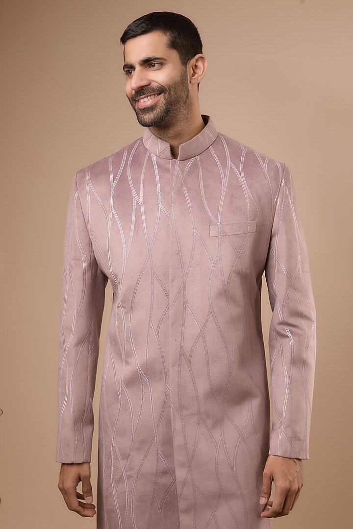 Pink Suede Thread Embroidered Nawabi Wedding Bandhgala Set by Nero by Shaifali & Satya at Pernia's Pop Up Shop