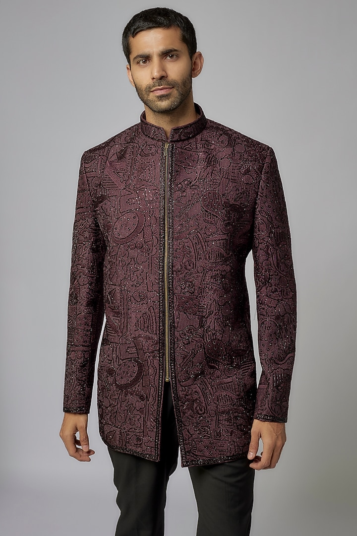 Wine Lucknowi Hand Work Jodhpuri Set by Nero by Shaifali & Satya at Pernia's Pop Up Shop