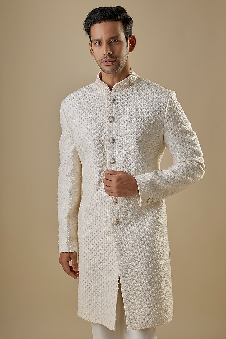 Ivory Lucknowi Handwork Wedding Sherwani Set by Nero By Shaifali & Satya at Pernia's Pop Up Shop