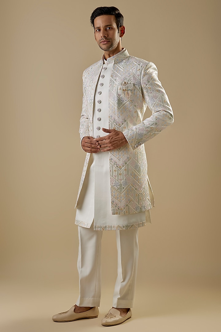 Ivory Silk Threadwork Open-Jacket Set by Nero By Shaifali & Satya