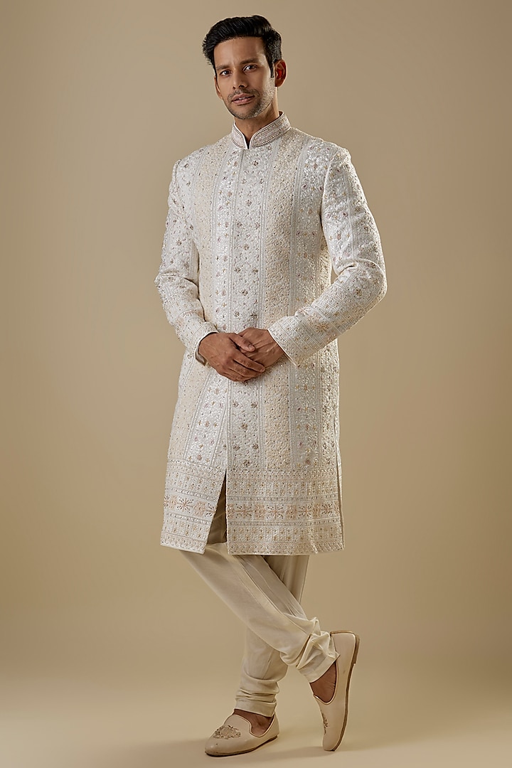 Ivory Silk Handwork Sherwani Set by Nero By Shaifali & Satya