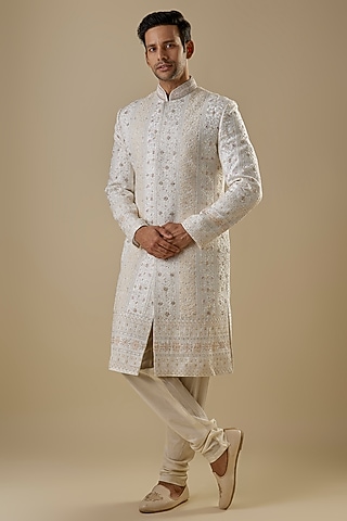 Ivory Silk Handwork Sherwani Set by Nero By Shaifali & Satya