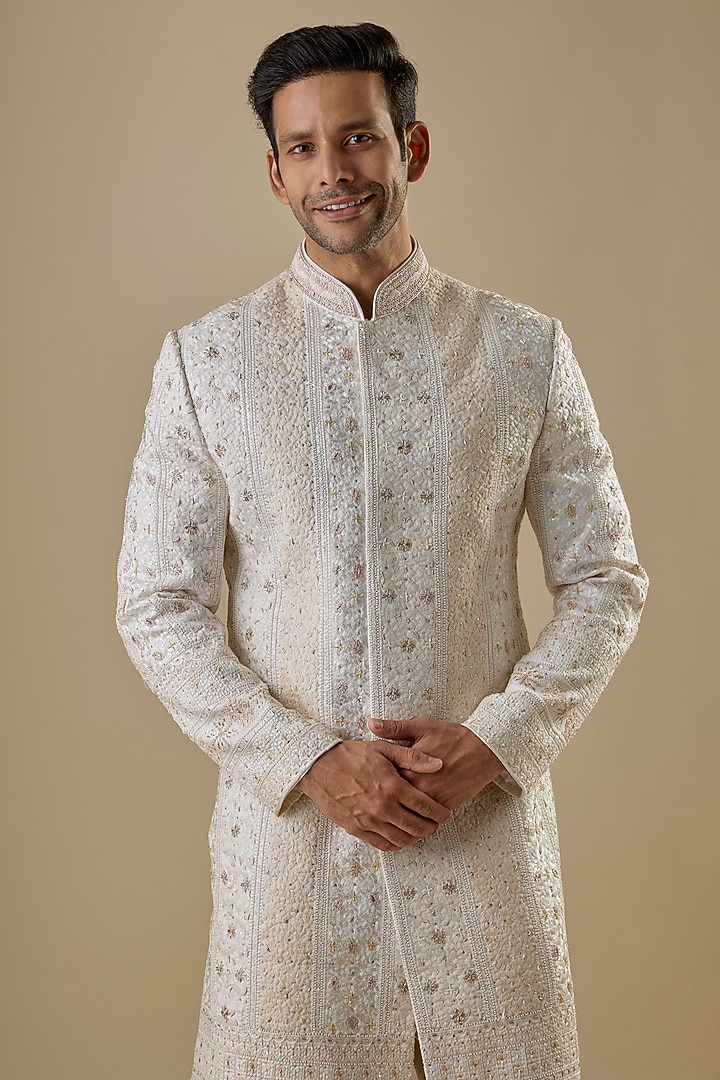 Ivory Silk Handwork Groom Sherwani Set by Nero By Shaifali & Satya at Pernia's Pop Up Shop