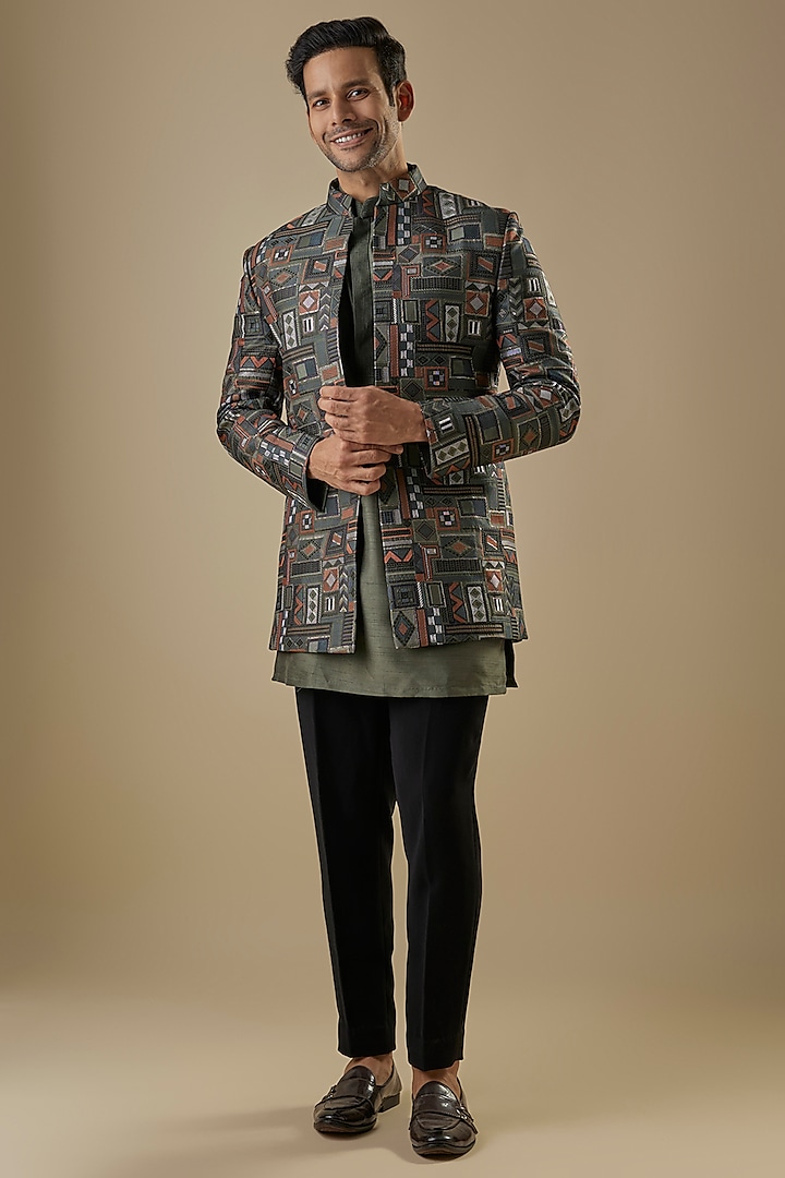 Green Silk Threadwork Open-Jacket Set by Nero By Shaifali & Satya at Pernia's Pop Up Shop