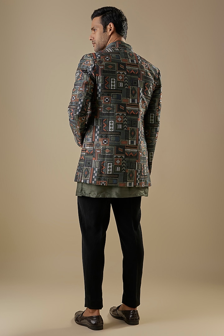 Green Silk Threadwork Open-Jacket Set by Nero By Shaifali & Satya at Pernia's Pop Up Shop