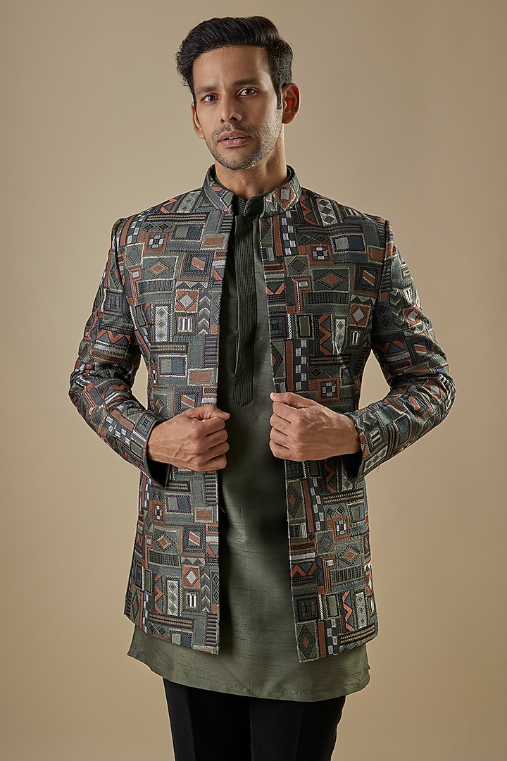 Green Silk Threadwork Open-Jacket Set by Nero By Shaifali & Satya at Pernia's Pop Up Shop