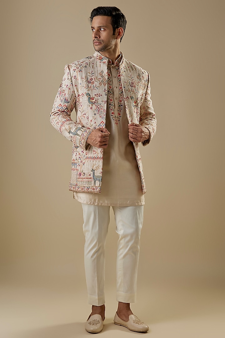 Beige Jute Hand & Threadwork Open-Jacket Set by Nero By Shaifali & Satya