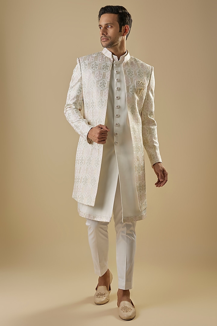 White Silk Threadwork Open-Jacket Set by Nero By Shaifali & Satya