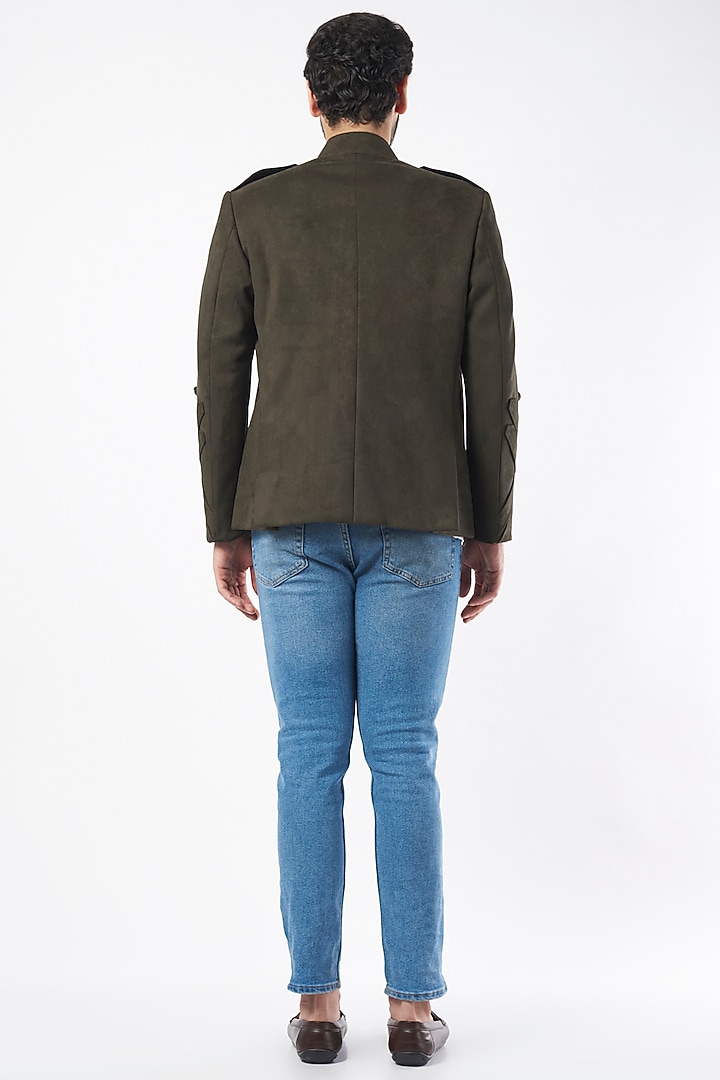 Olive Green Suede Jacket by Nero By Shaifali & Satya at Pernia's Pop Up Shop