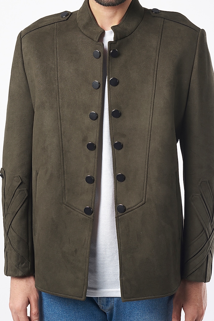 Olive Green Suede Jacket by Nero By Shaifali & Satya at Pernia's Pop Up Shop
