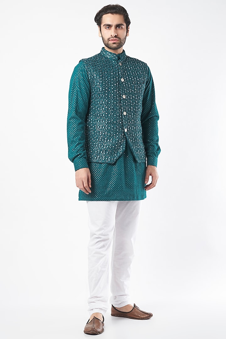 Blue Kurta Set With Bundi Jacket by Nero By Shaifali & Satya