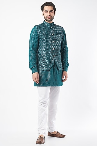 Blue Lucknowi Bundi Jacket Set by Nero By Shaifali & Satya