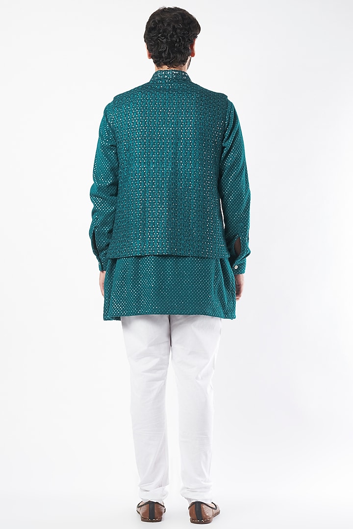 Blue Lucknowi Bundi Jacket Set by Nero By Shaifali & Satya at Pernia's Pop Up Shop