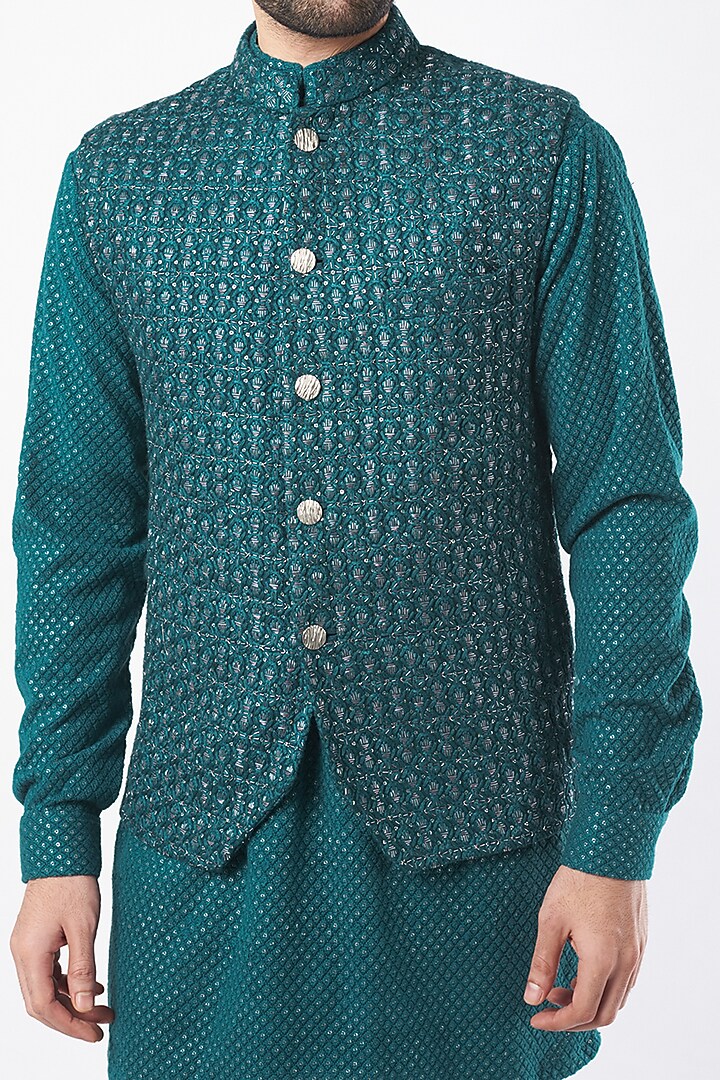 Blue Lucknowi Bundi Jacket Set by Nero By Shaifali & Satya at Pernia's Pop Up Shop
