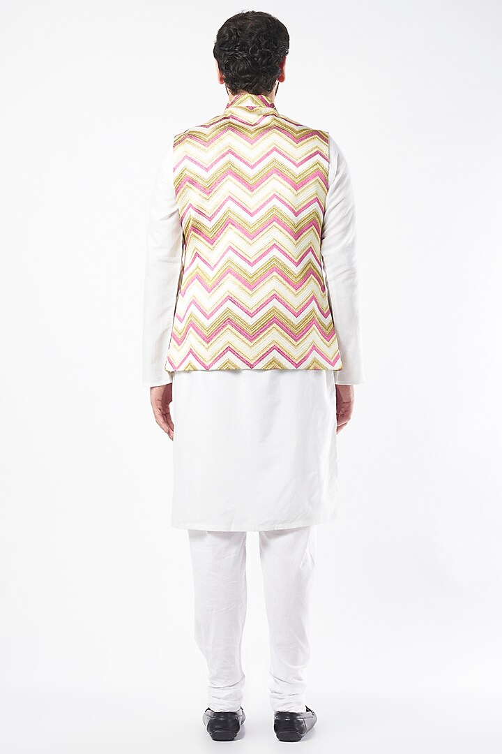 White Silk Embroidered Bundi Jacket Set by Nero By Shaifali & Satya at Pernia's Pop Up Shop