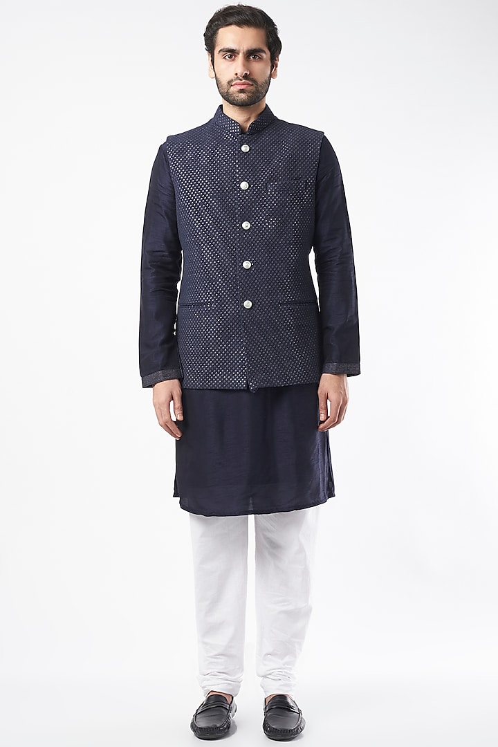 Dark Blue Kurta Set With Bundi Jacket by Nero By Shaifali & Satya