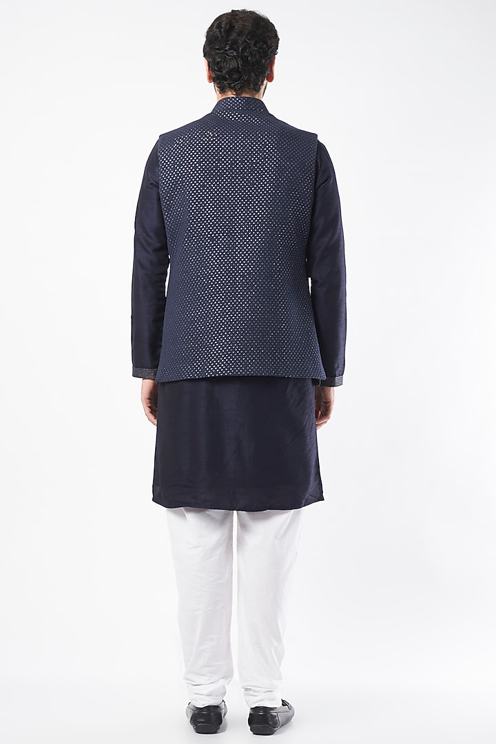 Dark Blue Lucknowi Bundi Jacket Set by Nero By Shaifali & Satya at Pernia's Pop Up Shop