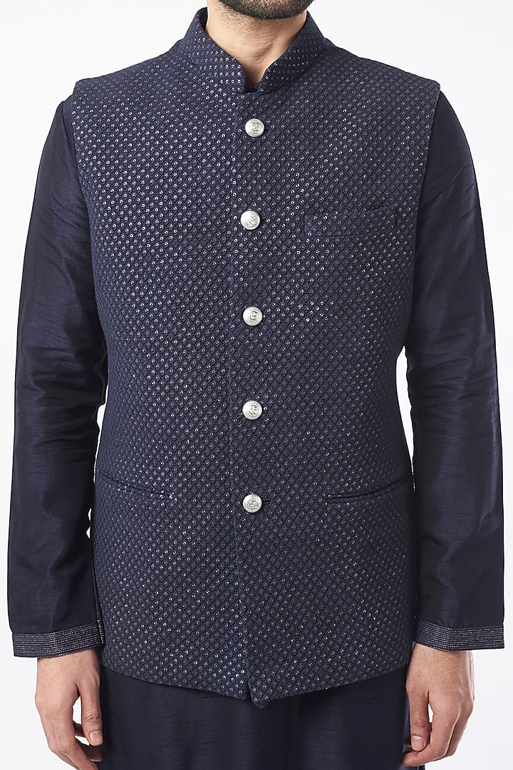Dark Blue Lucknowi Bundi Jacket Set by Nero By Shaifali & Satya at Pernia's Pop Up Shop