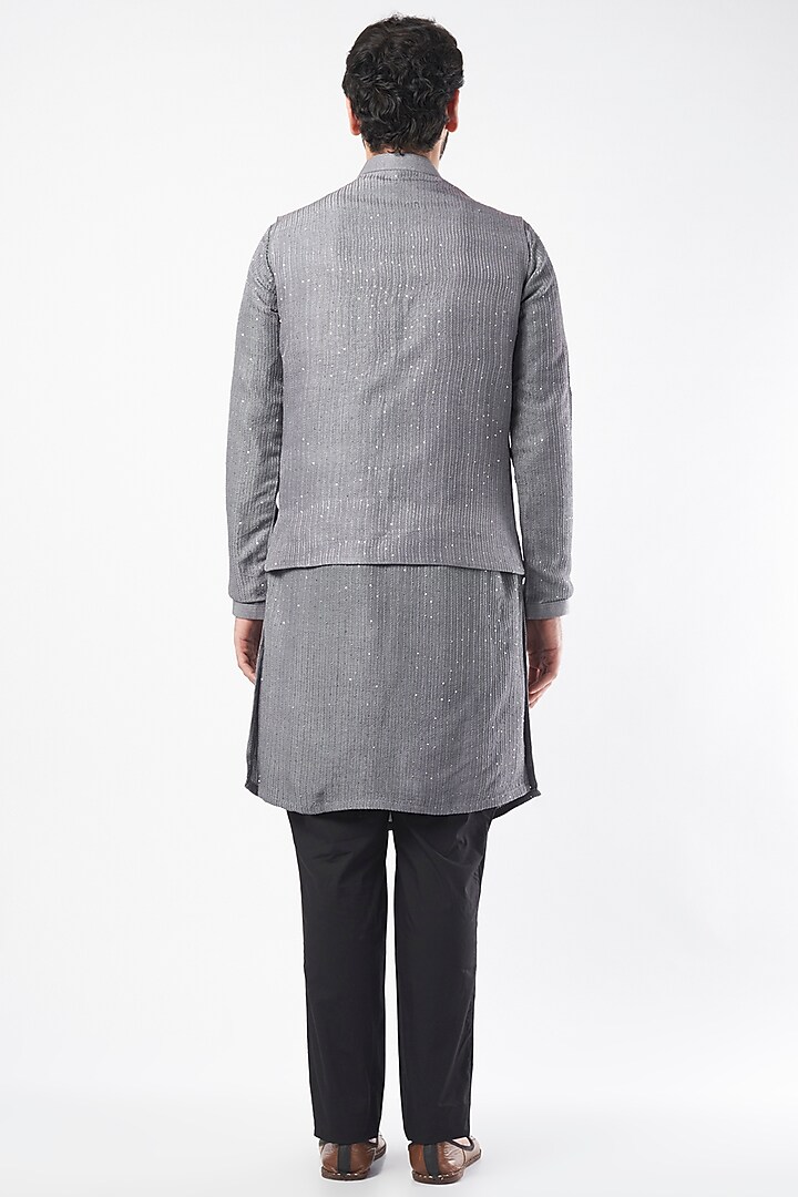 Grey Lucknowi Bundi Jacket Set by Nero By Shaifali & Satya at Pernia's Pop Up Shop