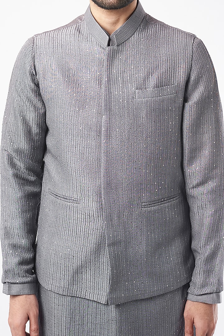 Grey Lucknowi Bundi Jacket Set by Nero By Shaifali & Satya at Pernia's Pop Up Shop