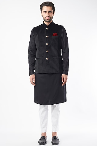 Black Velvet Bundi Jacket Set by Nero By Shaifali & Satya