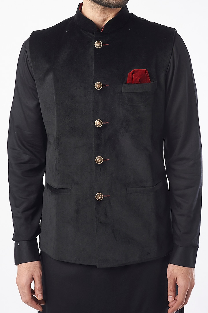 Black Velvet Bundi Jacket Set by Nero By Shaifali & Satya at Pernia's Pop Up Shop