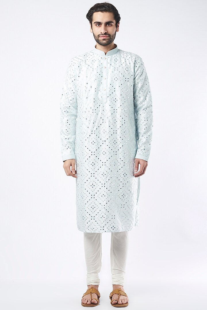 Sky Blue Silk Kurta Set With Mirror Work by Nero By Shaifali & Satya at Pernia's Pop Up Shop
