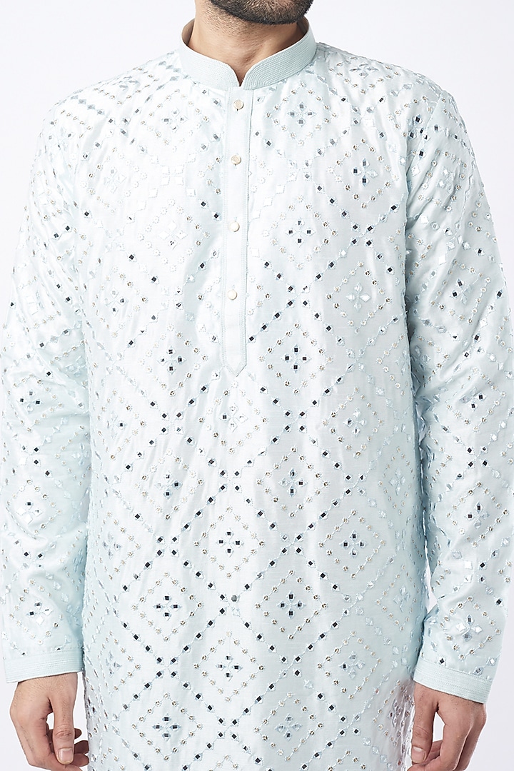 Sky Blue Silk Kurta Set With Mirror Work by Nero By Shaifali & Satya at Pernia's Pop Up Shop