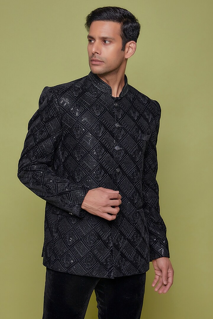 Black Velvet Embroidered Jodhpuri Set by Nero by Shaifali & Satya at Pernia's Pop Up Shop