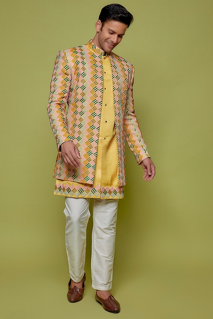 Multi-Colored Satin Embroidered Indowestern Jacket With Kurta Set by Nero by Shaifali & Satya