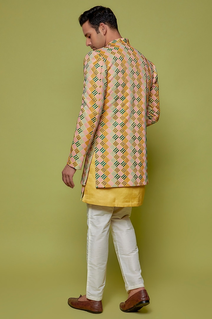 Multi-Colored Satin Embroidered Wedding Indowestern Jacket With Kurta Set by Nero by Shaifali & Satya at Pernia's Pop Up Shop