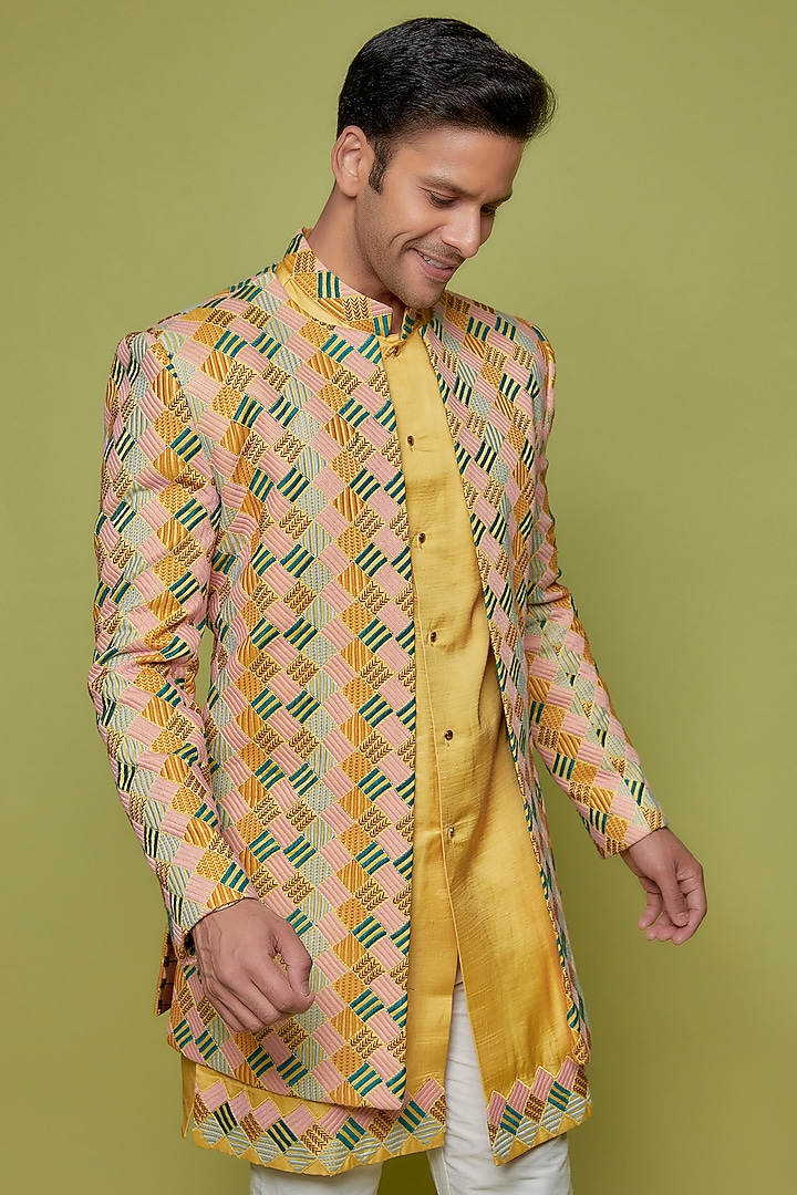 Multi-Colored Satin Embroidered Wedding Indowestern Jacket With Kurta Set by Nero by Shaifali & Satya at Pernia's Pop Up Shop