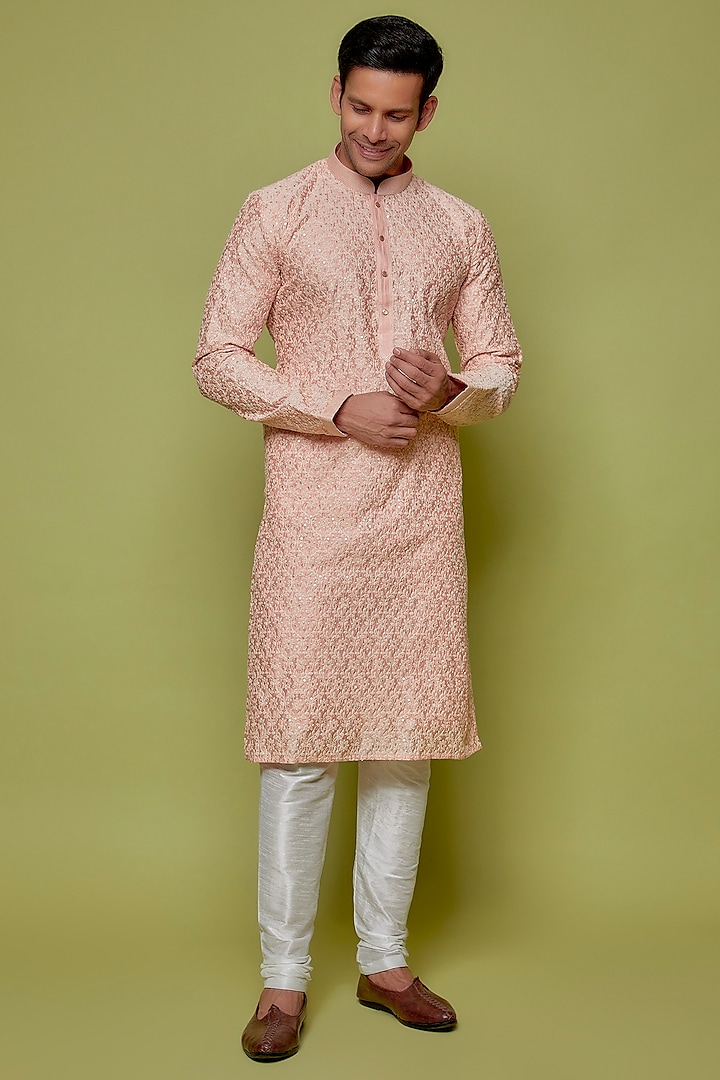 Pink Silk Embroidered Kurta Set by Nero by Shaifali & Satya