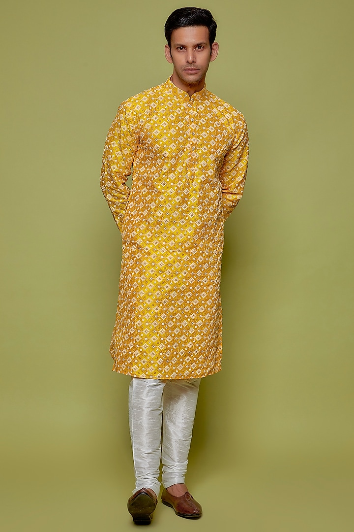 Yellow Silk Embroidered Kurta Set by Nero by Shaifali & Satya