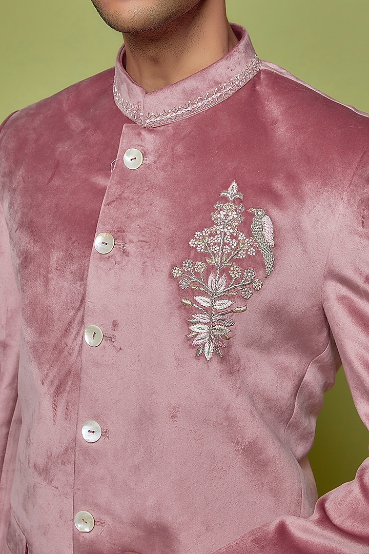 Pink Suede Jodhpuri Set by Nero by Shaifali & Satya at Pernia's Pop Up Shop