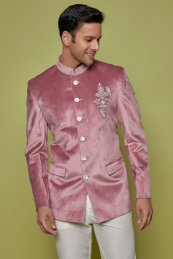 Pink Suede Jodhpuri Set by Nero by Shaifali & Satya at Pernia's Pop Up Shop